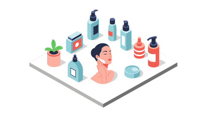 Isometric beauty skincare routine with products on display