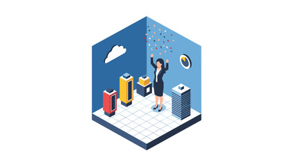 Fototapeta premium Business success celebration in isometric office with graphs and confetti