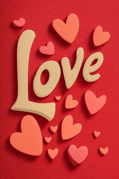 Textured love word with hearts on red background. Textured word love with small hearts creating a festive Valentine's Day or romantic design