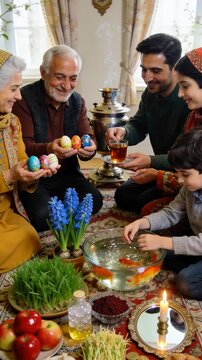 Multi generational iranian family gathered around a traditional Haft sin table, celebrating Nowruz together with dyed eggs, goldfish, and sharing tea in a joyful and festive atmosphere