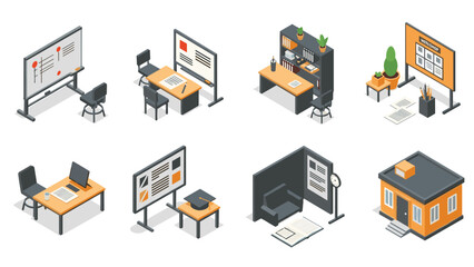 Modern office elements with isometric style: desks, boards, plants, and more for creative workspace design
