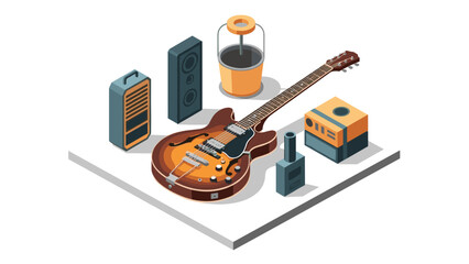 Isometric music setup with electric guitar and audio equipment on white background