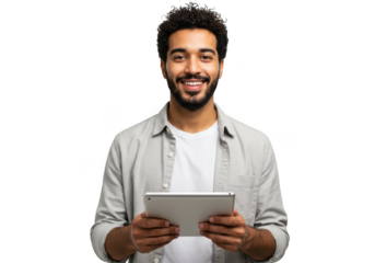 Smiling man holding a tablet computer isolated on transparent background