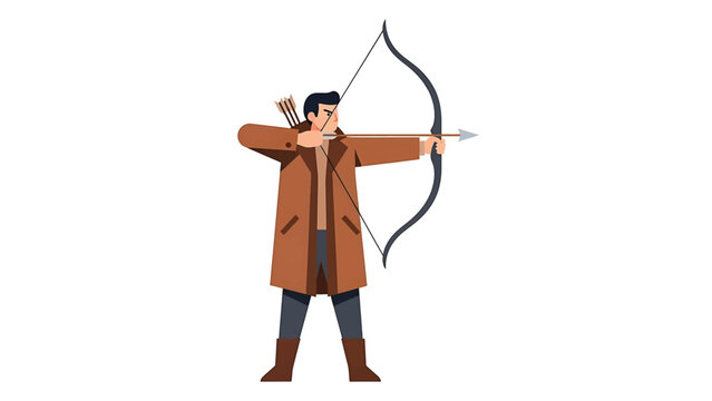 A figure is poised, drawing back a bow to aim an arrow. Dressed in a coat, they stand prepared to release their shot