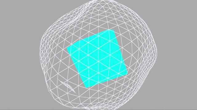 Abstract 3D animation of a glowing cyan cube rotating inside a morphing white wireframe mesh shell.
