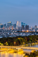 Skyline of the Old Canal Nanyuan Bridge and East Gate skyline in Suzhou, Jiangsu Province, China