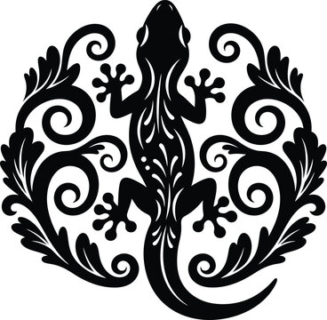 Black lizard silhouette with ornate floral scrollwork and vintage decorative flourishes for tattoo or graphic design.