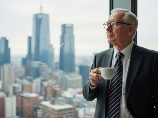 Reflective businessman enjoying coffee in skyscraper office