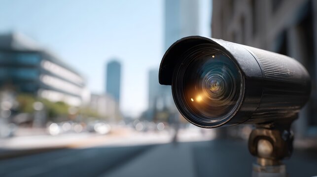 A close up view of a security overlooking a blurred urban cityscape during the day - Powered by Adobe