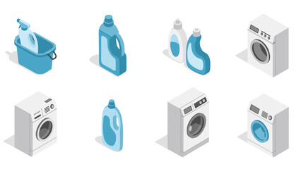 Modern isometric laundry appliances and detergent collection with blue accents