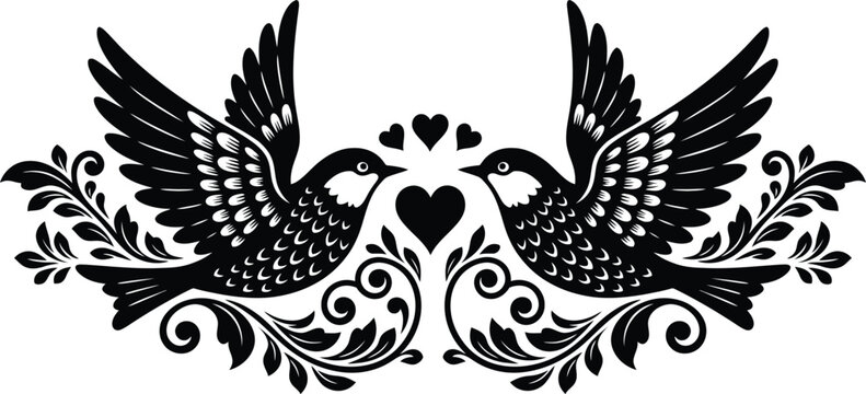 Ornate black silhouette of two birds facing each other with hearts and vintage floral scrollwork for romantic tattoo design.