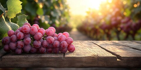 Ripe red grapes on wooden table with vineyard background glowing under warm morning sunlight, perfect for food advertising, wellness branding, organic product packaging