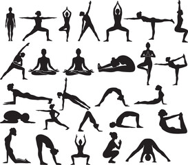Yoga Pose Silhouette Set &ndash; Women Practicing Meditation, Balance and Flexibility Exercises