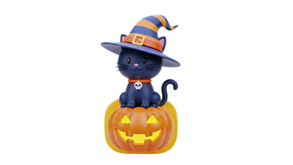 Cute Halloween Black Cat Wearing Witch Hat Sitting on Jack-o'-Lantern