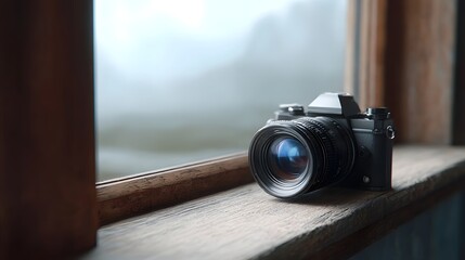 A vintage style sits on a wooden ill with a misty landscape visible through the window