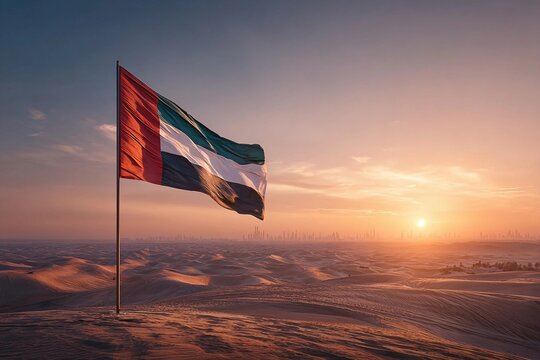 UAE Flag Waving Proudly in the Desert With a Stunning Sunset Backdrop Generative AI