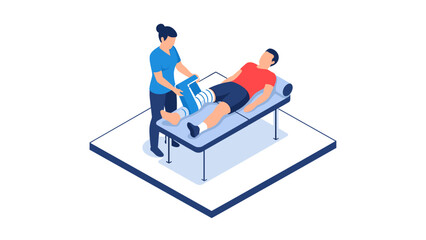 Isometric physical therapy scene with therapist and patient on treatment table