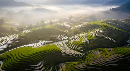 Stunning rice terraces in misty mountains at sunrise