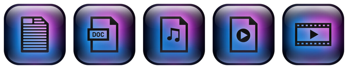 Glass rounded square button icons featuring File and Multimedia symbols with Blue and Purple Neon Glow. Includes Document, Music, Video, and Movie icon set.