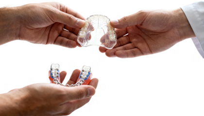 Closeup of patient and clinicians hands exchanging different brace models against a white background focusing on detailed consultation for personalized longterm care decisions.