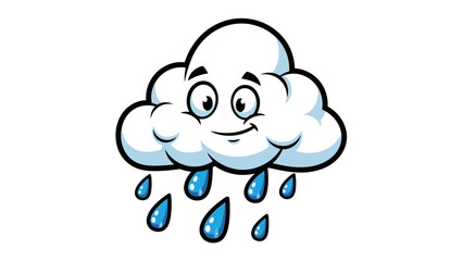 Cute cartoon cloud with smiling face and raindrops falling