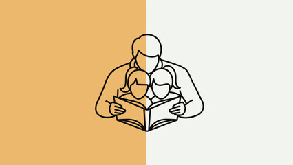 A family reading a book, split background with light orange and white