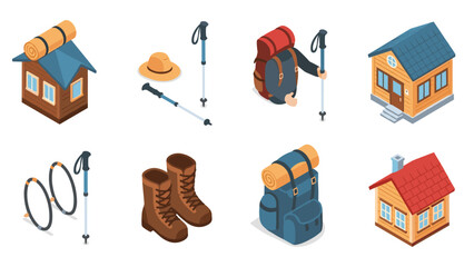 Isometric camping gear and cabins: backpacks, hiking sticks, and boots in outdoor adventure set