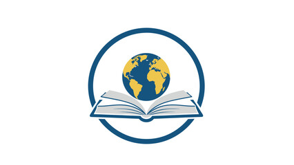 An open book below a globe within a circle, symbolic of global education
