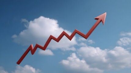 Red line graph sharply rising upwards into a clear blue sky with white clouds symbolizing growth and success