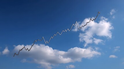 A jagged line graph representing financial growth trends ascends towards the sky amidst scattered clouds