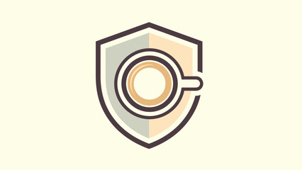 Shield-shaped design with a coffee cup silhouette inside, in cream, gray, and brown tones