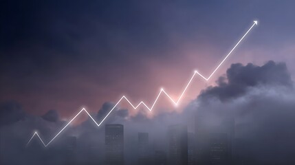 A glowing upward trending line graph emerges from a foggy cityscape at twilight symbolizing growth and success