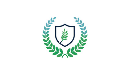 A shield with a green plant sprig inside, surrounded by a gradient laurel wreath