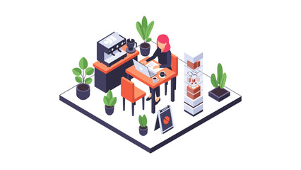 Isometric café workspace with barista, plants, and coffee machine