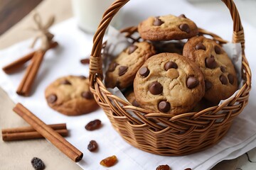 Fototapeta premium Close up of chocolate chip cookies in a wicker basket with cinnamon sticks and raisins