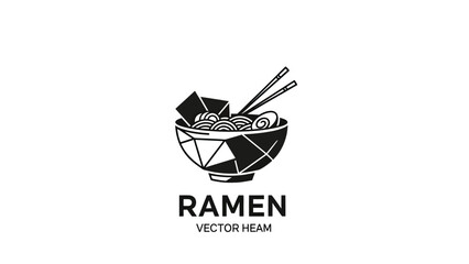 Monochrome ramen illustration in geometric style, with noodles, nori, chopsticks. "Ramen" text below