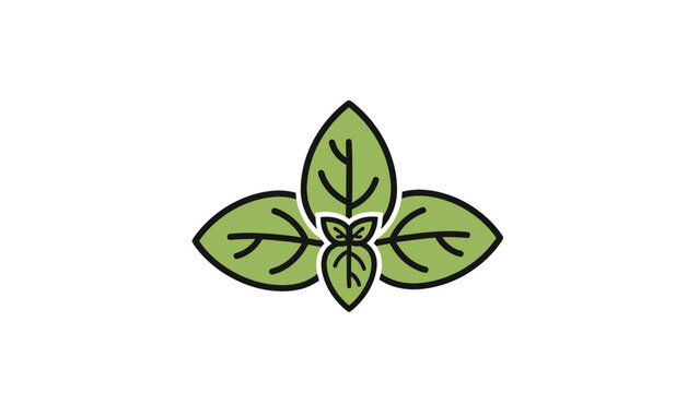 A stylized illustration of green leaves with black outlines, on a white background