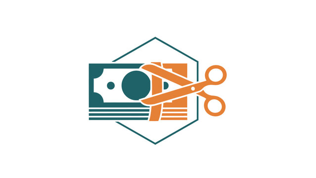 A stylized logo with scissors cutting stacks of currency within a hexagon outline