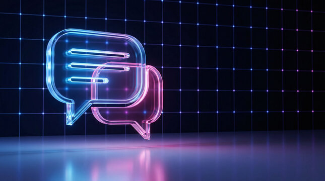 Neon 3D chat bubbles on glowing digital grid, futuristic social media messaging and online communication icon.