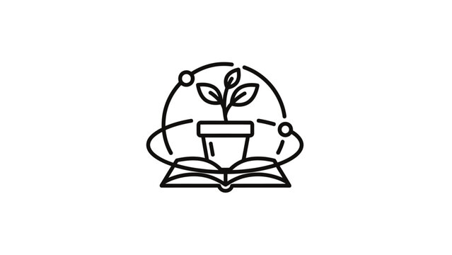 Black outline image of a plant in a pot over an open book, with orbiting lines