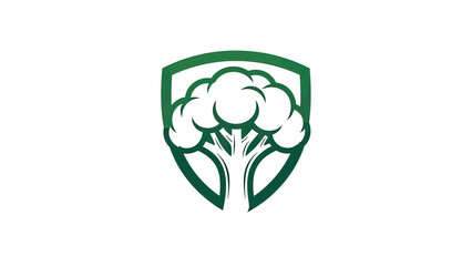 A broccoli stylized icon, centered, green on white, enclosed by a shield outline