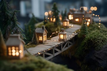 A miniature village illuminated with warm lights, a fairytale scene of charming cottages and a bridge, creating a sense of wonder.