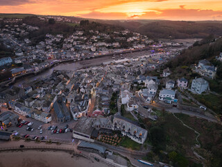 Evening twilight aerial  capture of Looe in Cornwall
