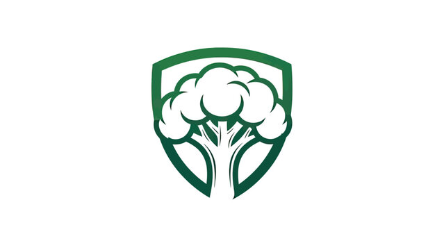 A broccoli stylized icon, centered, green on white, enclosed by a shield outline