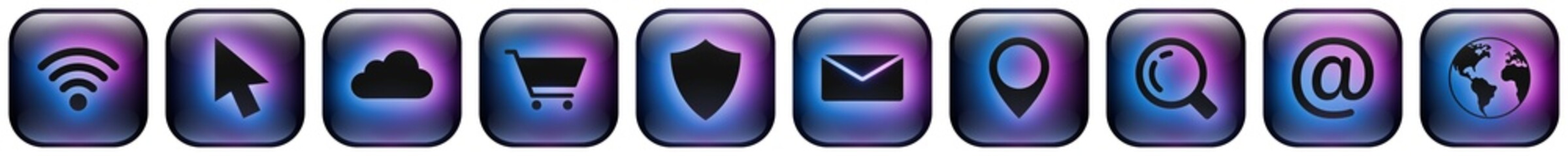 Glass rounded square button icons featuring Web and E-commerce symbols with Blue and Purple Neon Glow. Internet, Cloud, and Shopping icon set.