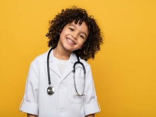 Young girl smiling in medical coat with stethoscope