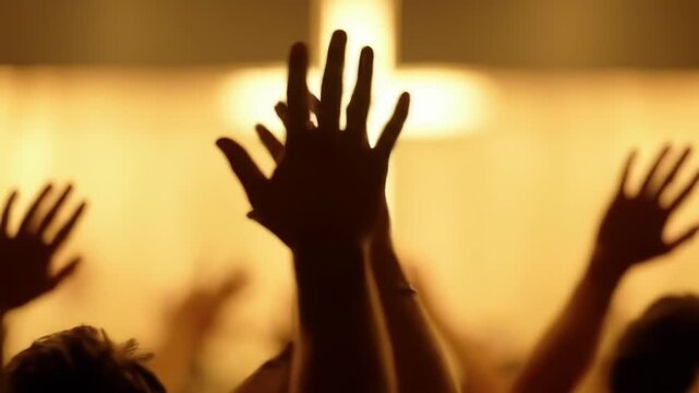 Silhouetted hands raised in worship during a spiritual gathering with a glowing cross in the background.