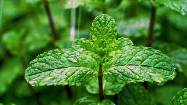 A close-up of a vibrant green plant with water droplets on its leaves
