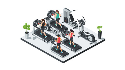 Isometric women running on treadmills in modern gym setting with fitness equipment