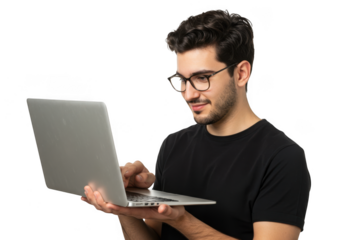Man wearing glasses working on a laptop isolated on transparent background